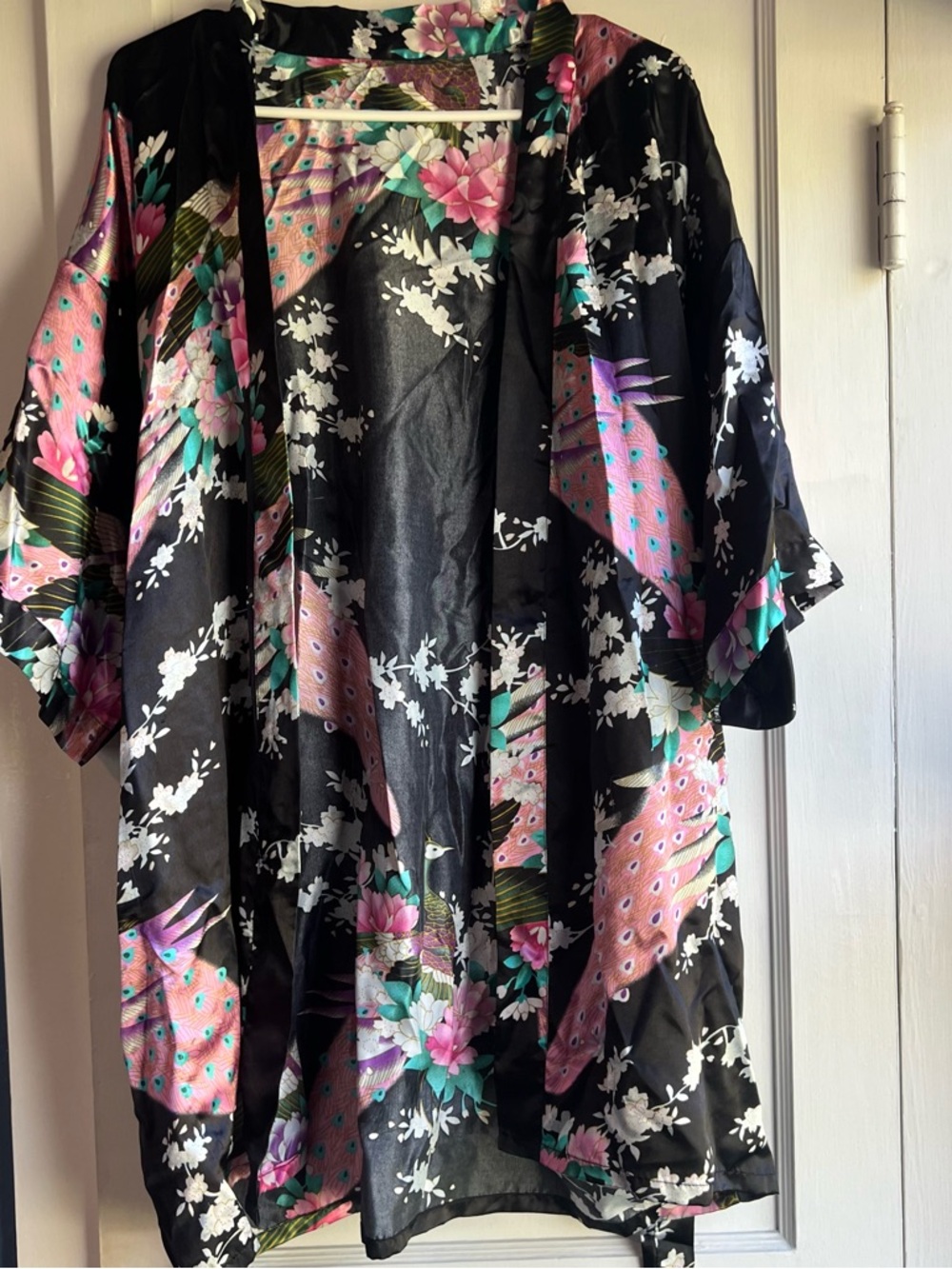 Floral Peacock Print Kimono Jacket - Black/Pink